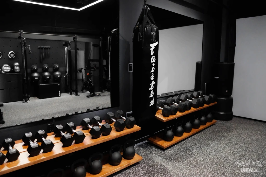 Custom home gym built inside a private residence, designed to fit the homeowner’s training style, space layout, and overall home design.