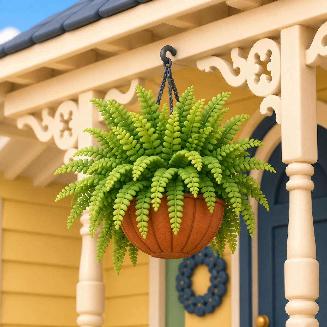 3D close-up of a green fern pot hanging from a yellow house porch.