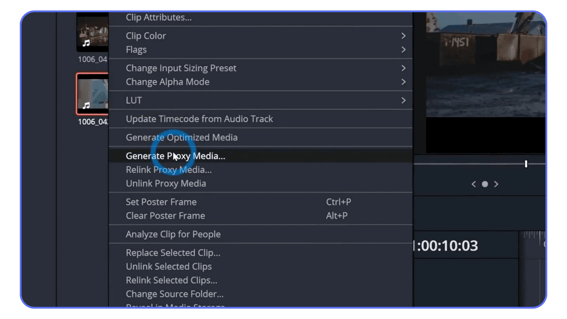 DaVinci Resolve context menu with Generate Proxy Media option highlighted for performance optimization