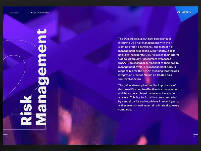Conception graphique d'un rapport sur la gestion des risques climatiques (Risk Management) pour Climate X. Présentation de la mise en page des recommandations de la BCE pour le secteur bancaire avec un design visuel impactant.