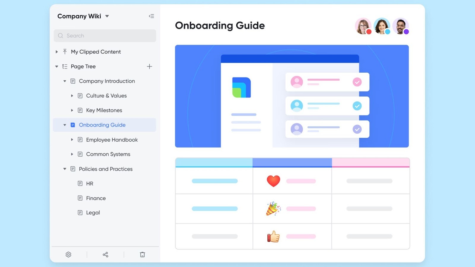 Lark's company wiki with an employee onboarding guide
