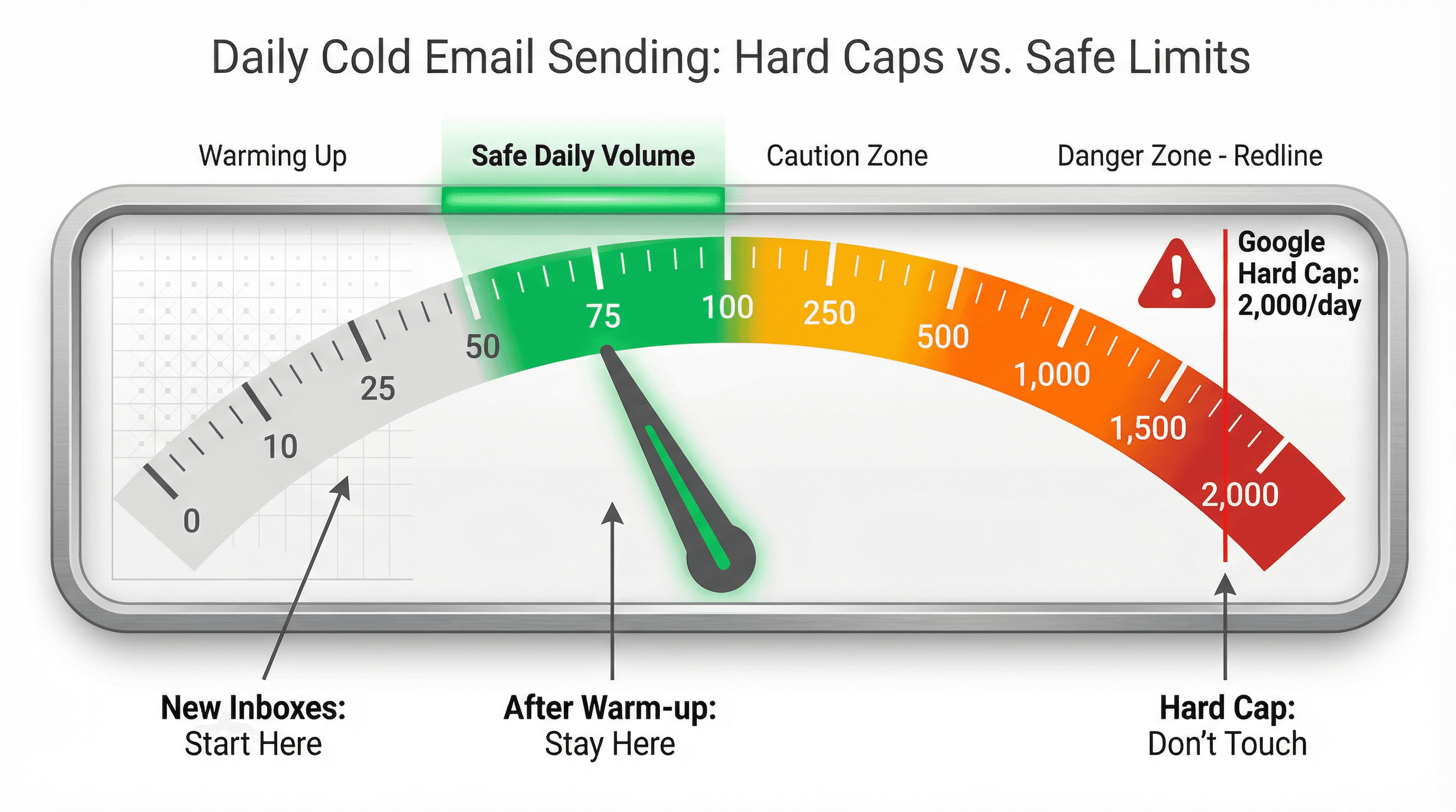 Speedometer-style gauge showing Google's 2,000/day hard cap in danger zone versus safe 50-100/day cold email volumes