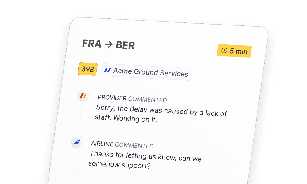 A digital interface displays a flight delay notification from "Acme Ground Services," on Cosmos with comments addressing staffing issues and airline support, highlighting aviation analytics and service solutions.