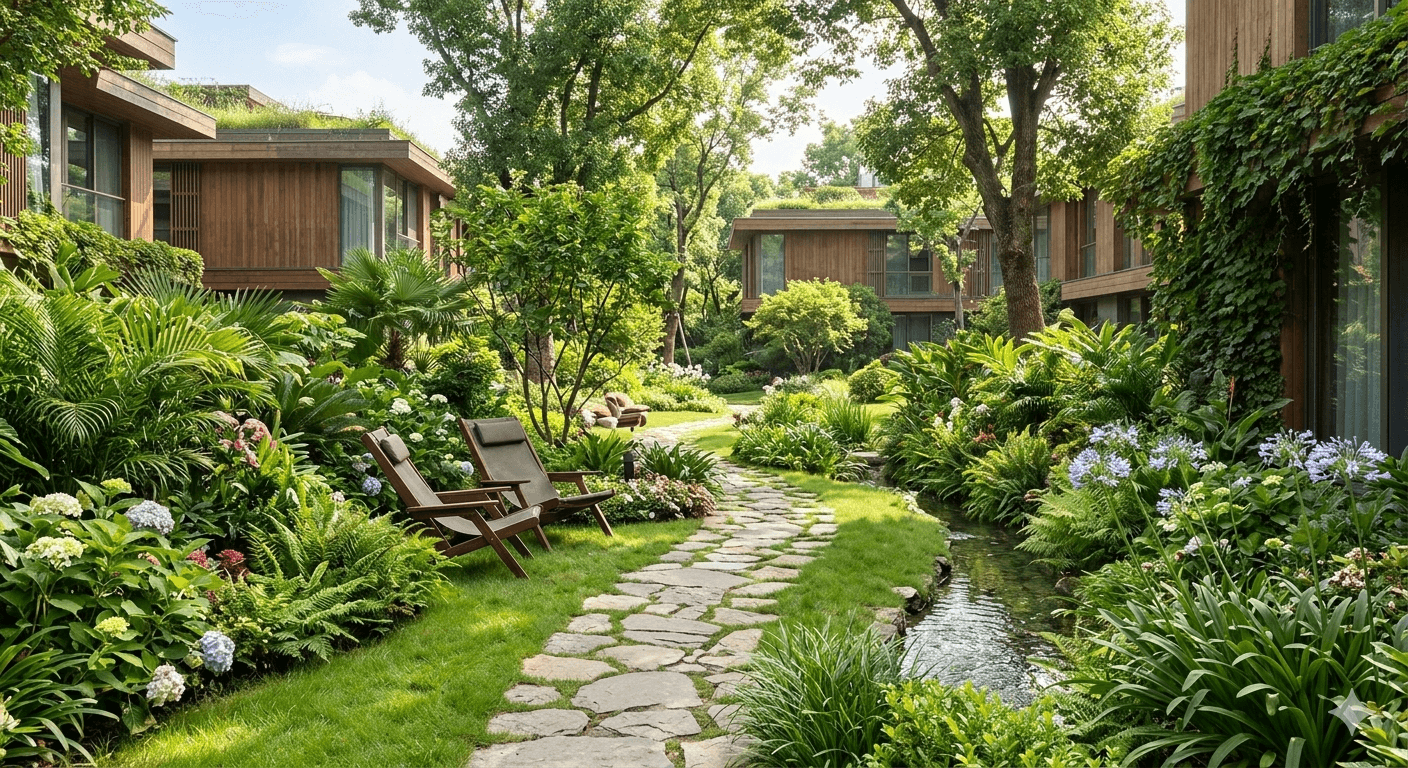 Manicured tropical garden paths and lush green landscaping at Golf Course Extension Road residential floors