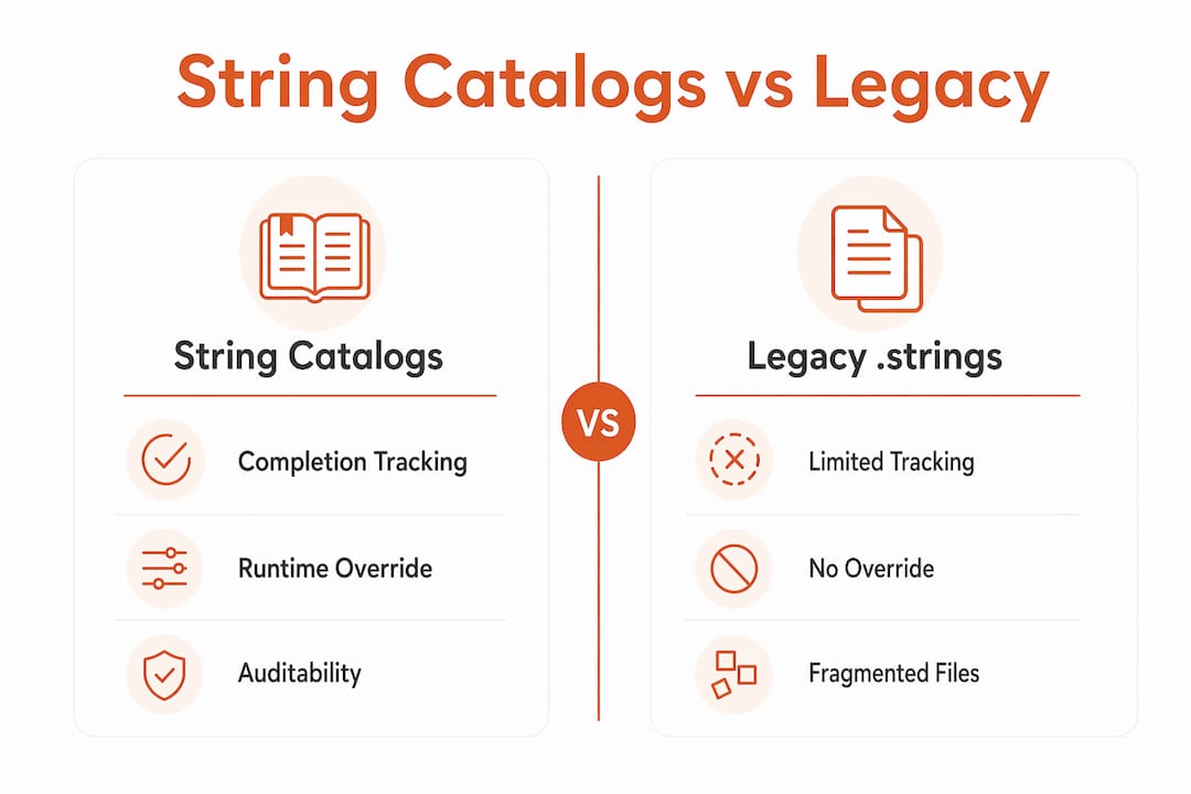 Infographic comparing String Catalogs and Legacy .strings features