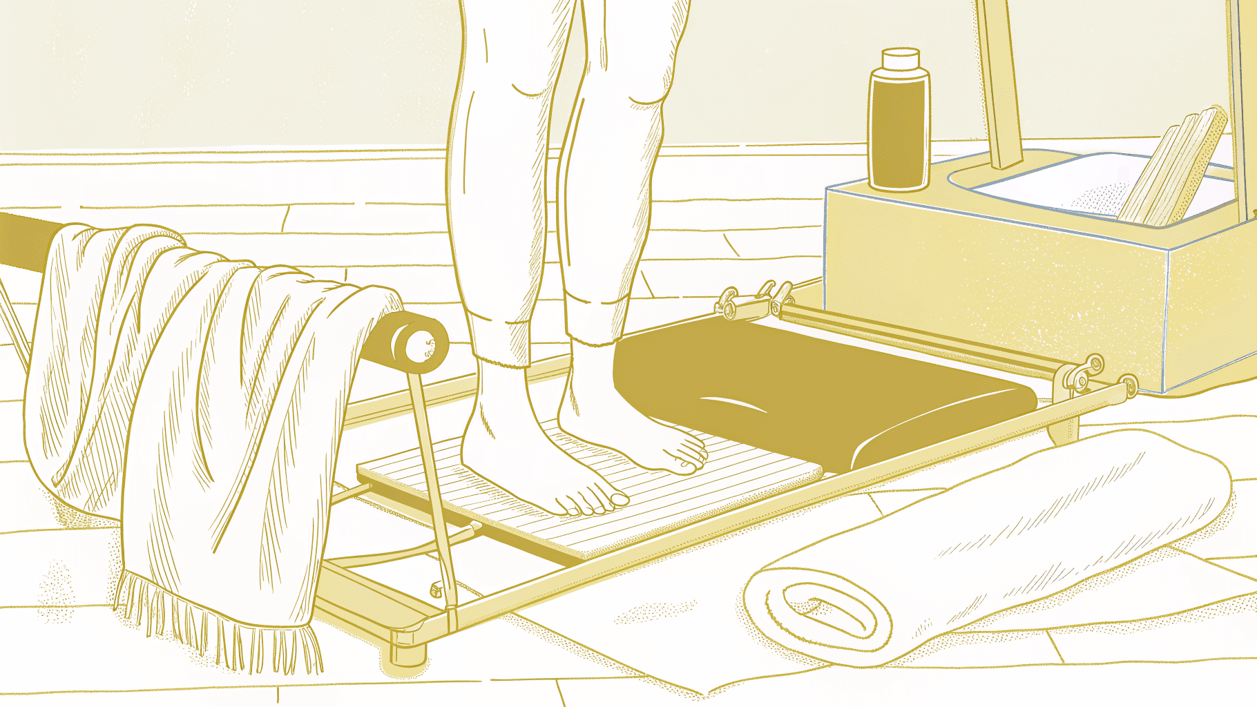Loose fabric snagged on reformer spring block beside form-fitting legging moving safely past