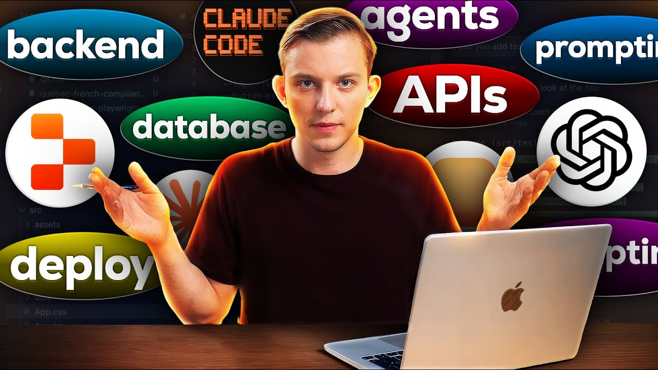 Riley Brown AI-style app fundamentals thumbnail with creator surrounded by backend and API labels