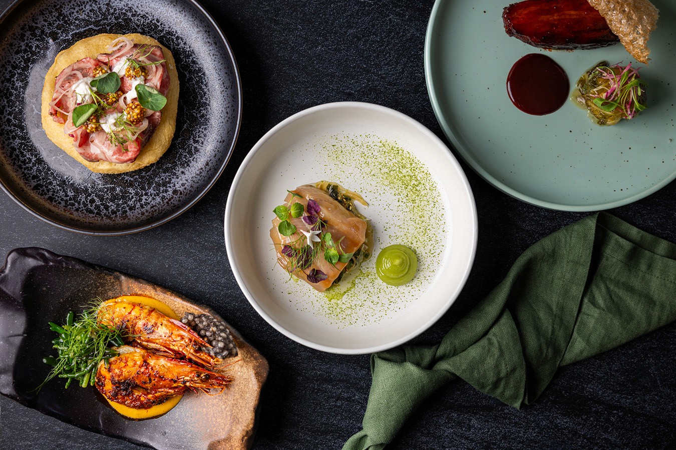 Mixed plated entrees shot in a flat lay
