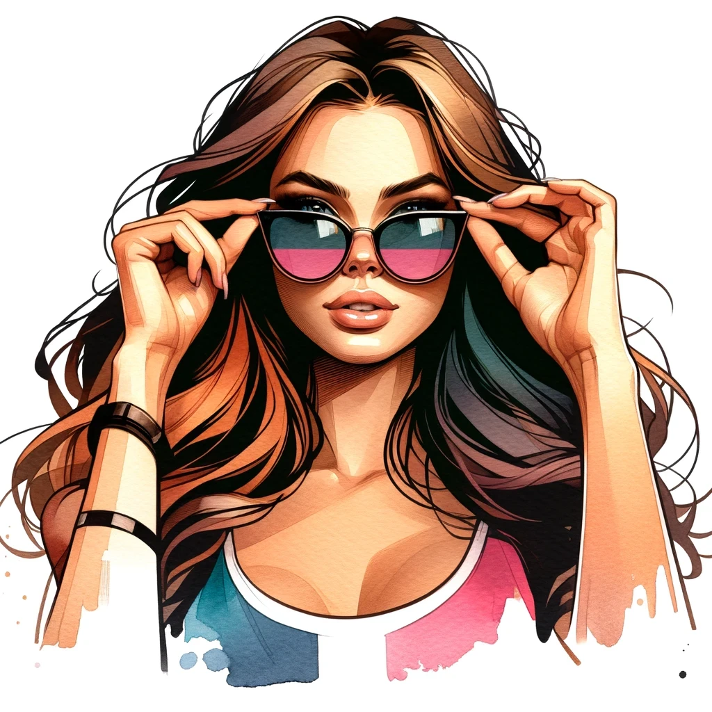 A watercolour of a beautiful girl posing with sunglasses.