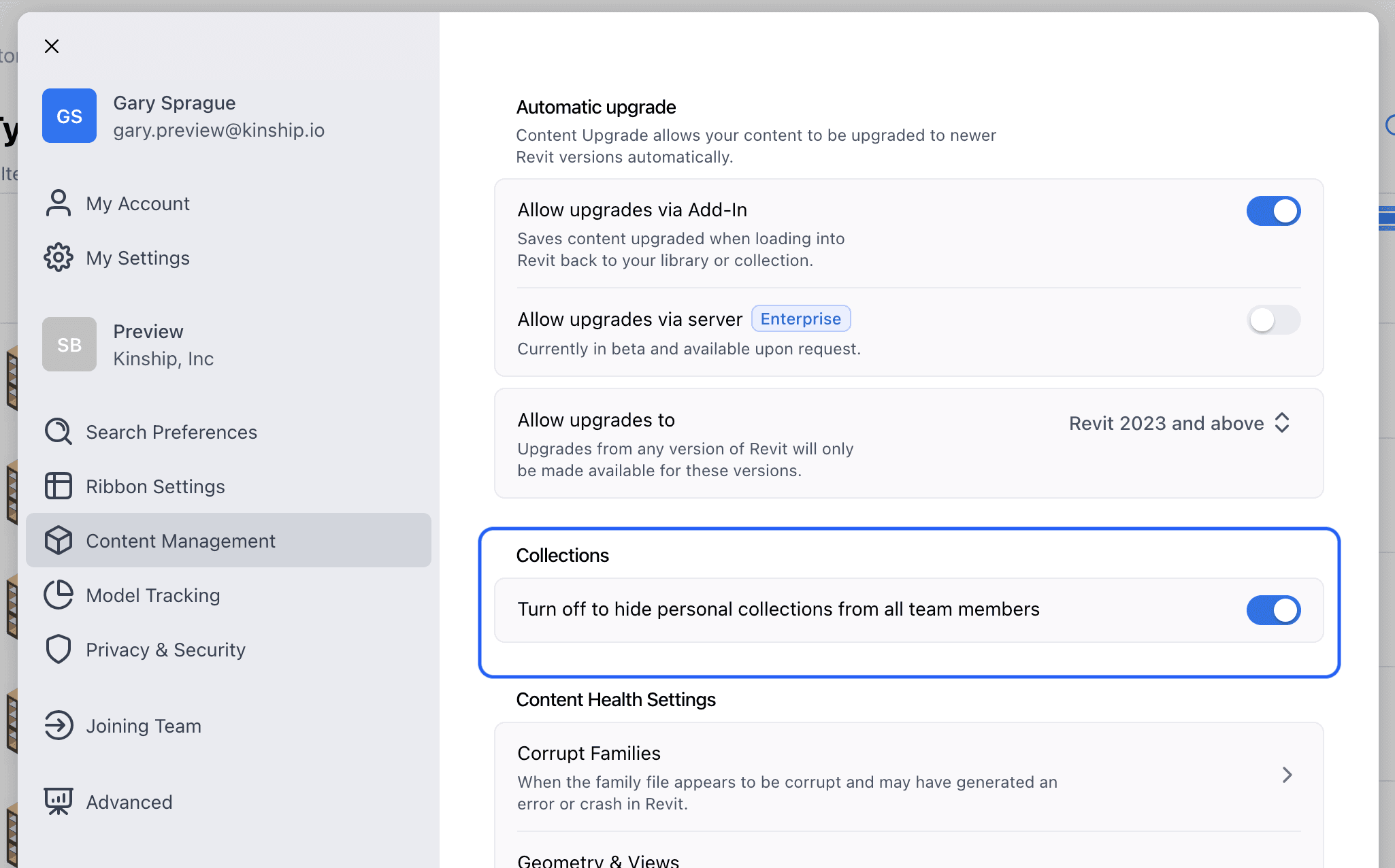 Toggle the Collections setting under Content Management to hide or show personal collections to team members.