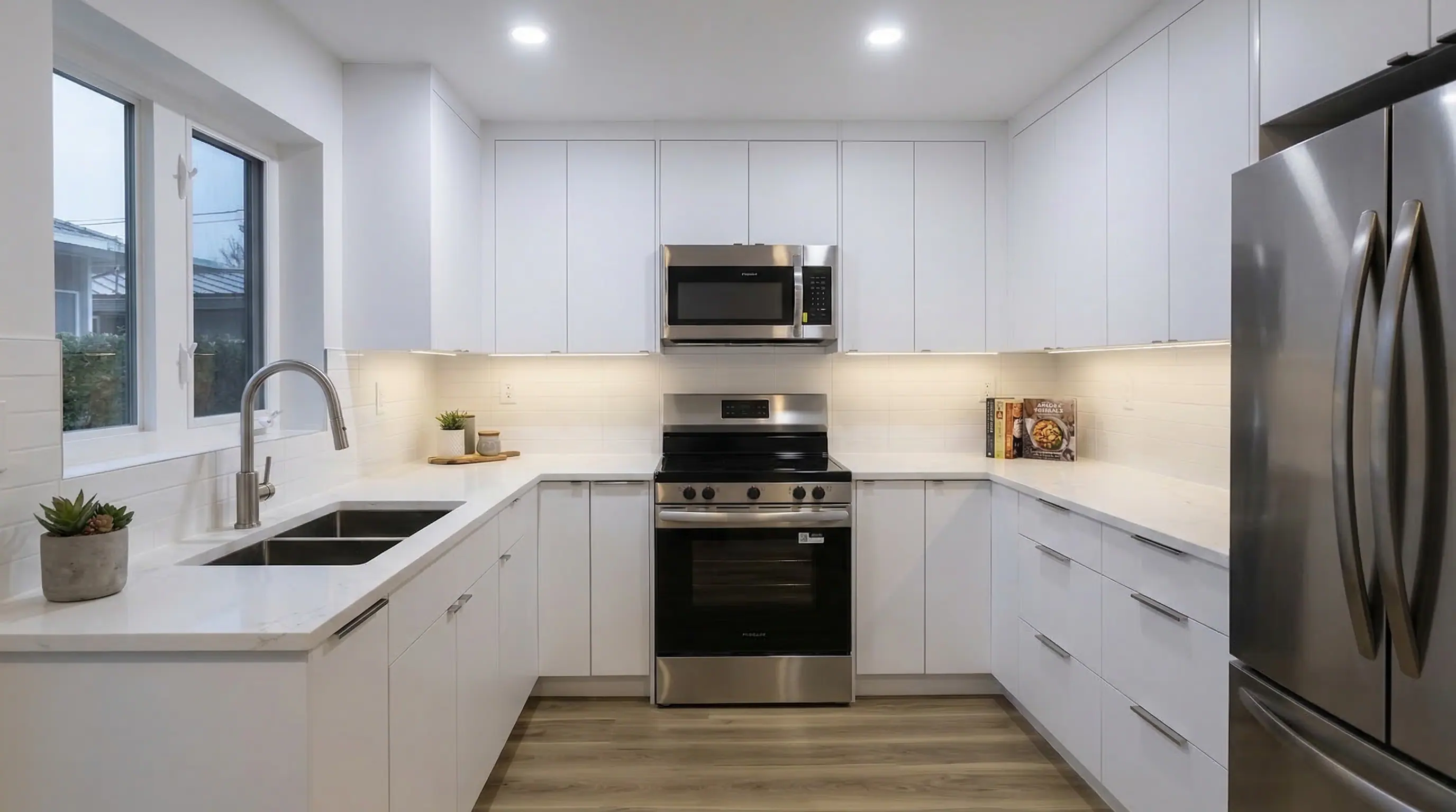 Modern white kitchen inside Vancouver Custom Homes' East 63rd laneway home, featuring flat-panel white cabinets, quartz countertops, stainless steel appliances, and hardwood-style flooring.