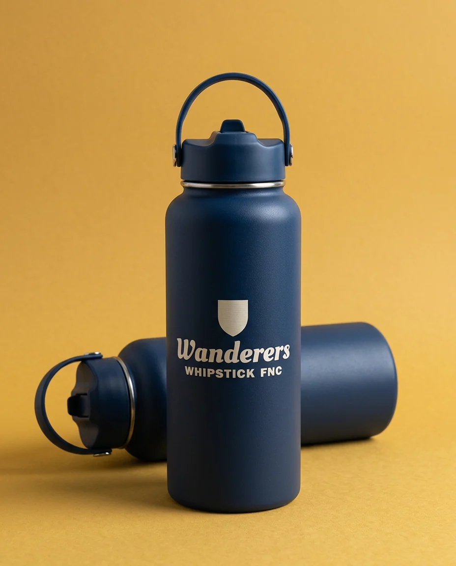 Custom Drink Bottles for Whipstick Wanderers FNC: Low three-quarter view of a double-walled stainless steel drink bottle in navy with its lid on, standing upright on gold paper, the logo laser