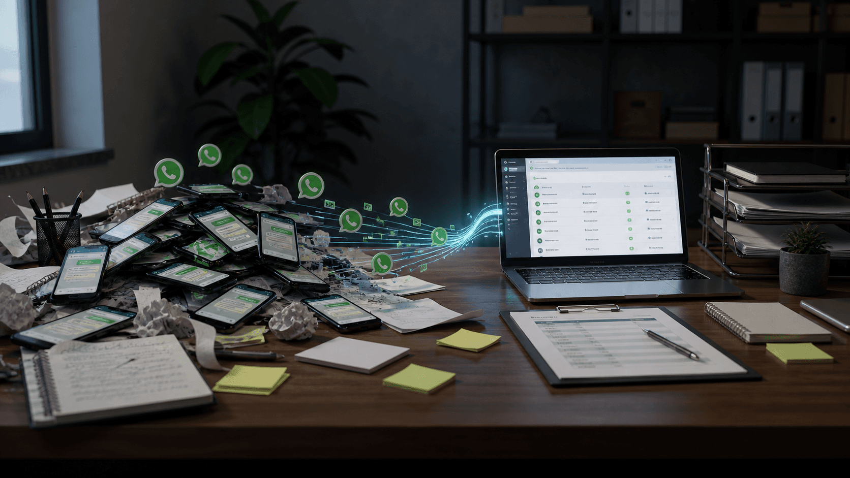 Cena em estilo 3D realista de um ambiente de escritório: sobre uma mesa de madeira há vários celulares empilhados exibindo conversas, papéis amassados e anotações espalhadas, transmitindo desorganização e excesso de mensagens. Do meio desse cenário, fluxos luminosos partem dos ícones de chat e seguem em direção a um notebook aberto ao lado, onde tudo aparece organizado em uma interface limpa. Ao redor do notebook, há poucos objetos bem alinhados, como uma prancheta e uma planta pequena, reforçando a ideia de controle e centralização. Não há pessoas nem texto na imagem.