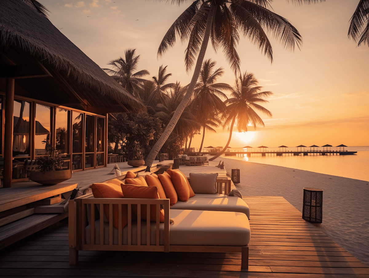 Tropical beach at sunset with palm trees and overwater bungalows. A cozy seating area with orange cushions sits on a wooden deck, creating a tranquil, inviting atmosphere.