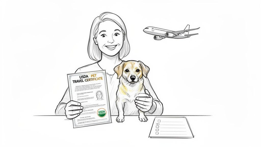 Smiling woman holding a USDA pet travel certificate and a small dog, with an airplane flying.