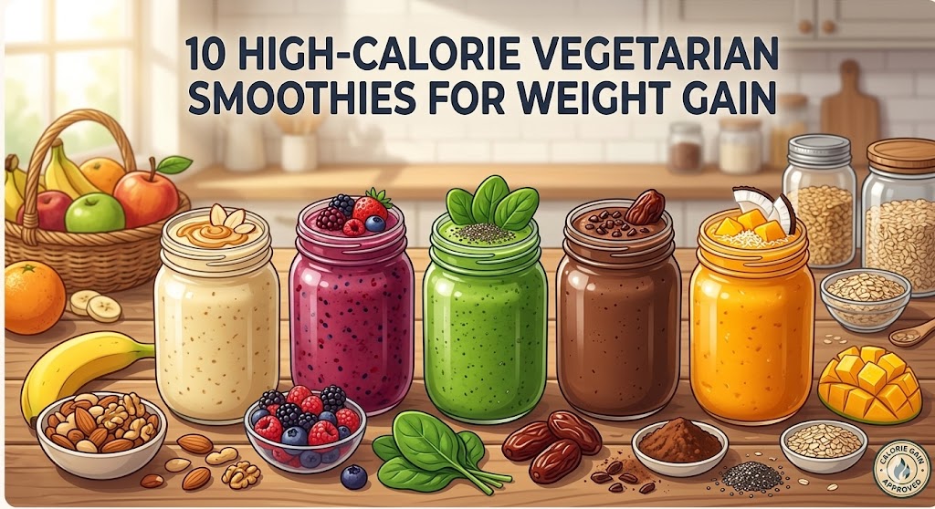 A flat-lay illustration of five colorful vegetarian smoothies in glass jars, including banana peanut butter, mixed berry, spinach green, chocolate, and mango coconut, surrounded by fresh fruits, nuts, seeds, and oats on a wooden table. The text overlay reads "10 High-Calorie Vegetarian Smoothies for Weight Gain".