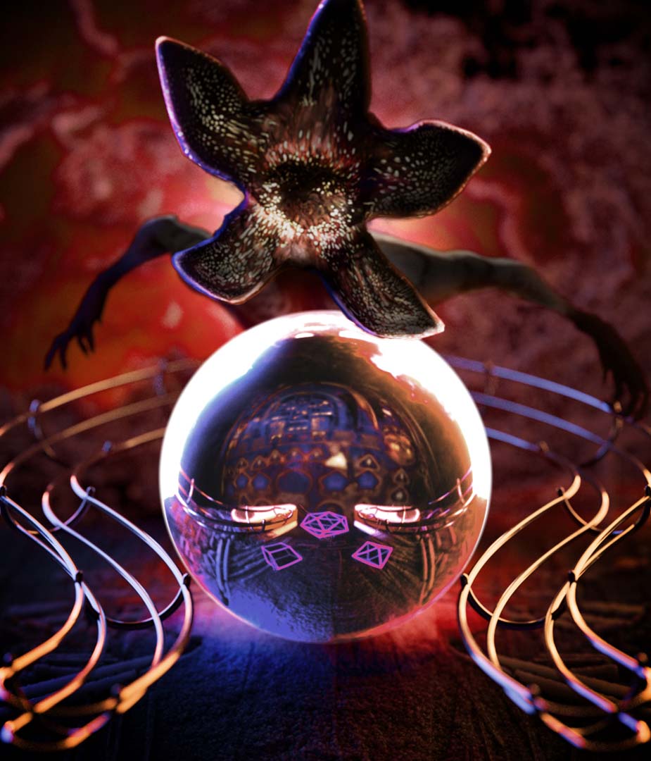 Promotional key art for Netflix Pinball Masters featuring a cinematic pinball render with a Demogorgon looming above, designed for cross-platform marketing and game launch support.