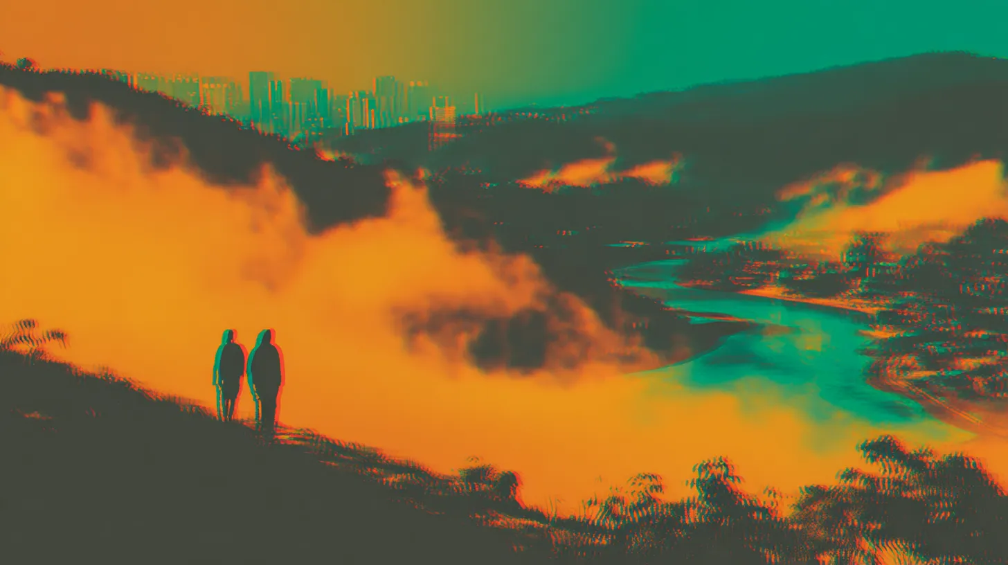 Two figures stand on a misty hillside overlooking a winding turquoise river and distant city, illuminated in vivid orange and teal.