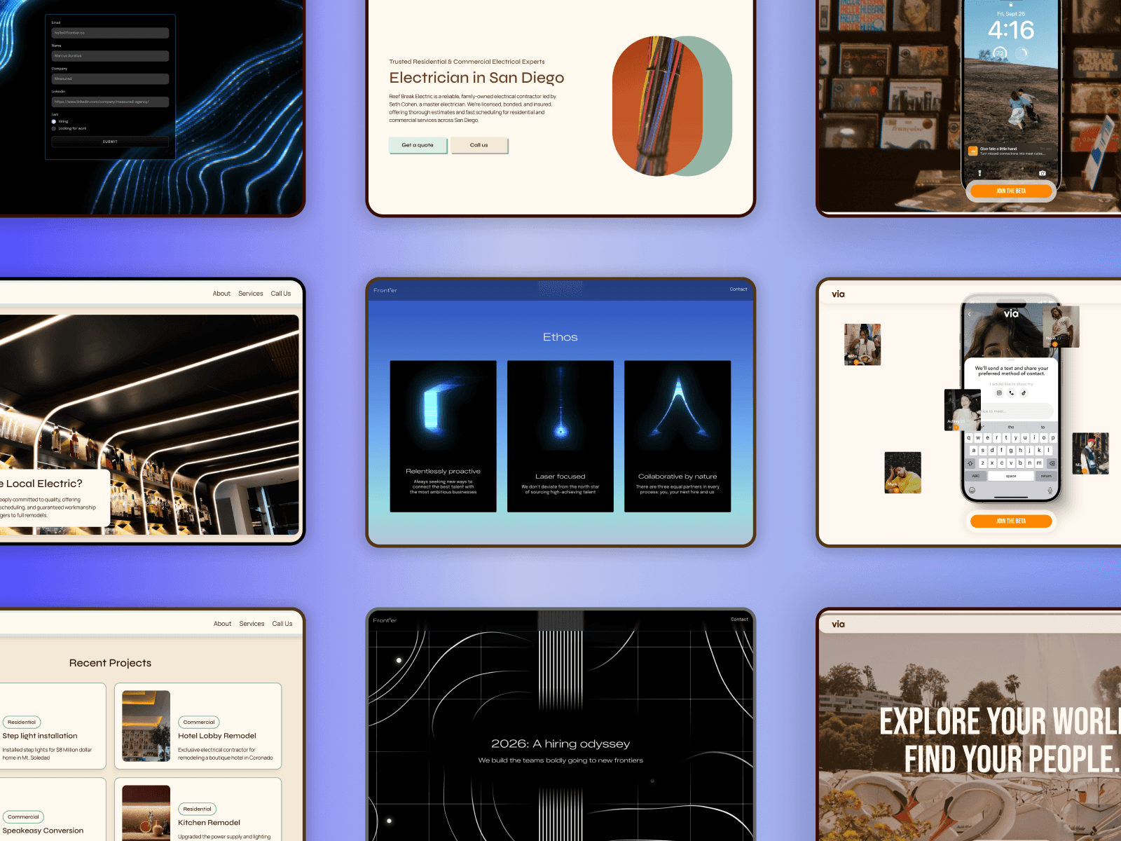 a grid of screens from micro-sites designed by Raedio Design set against a purple background