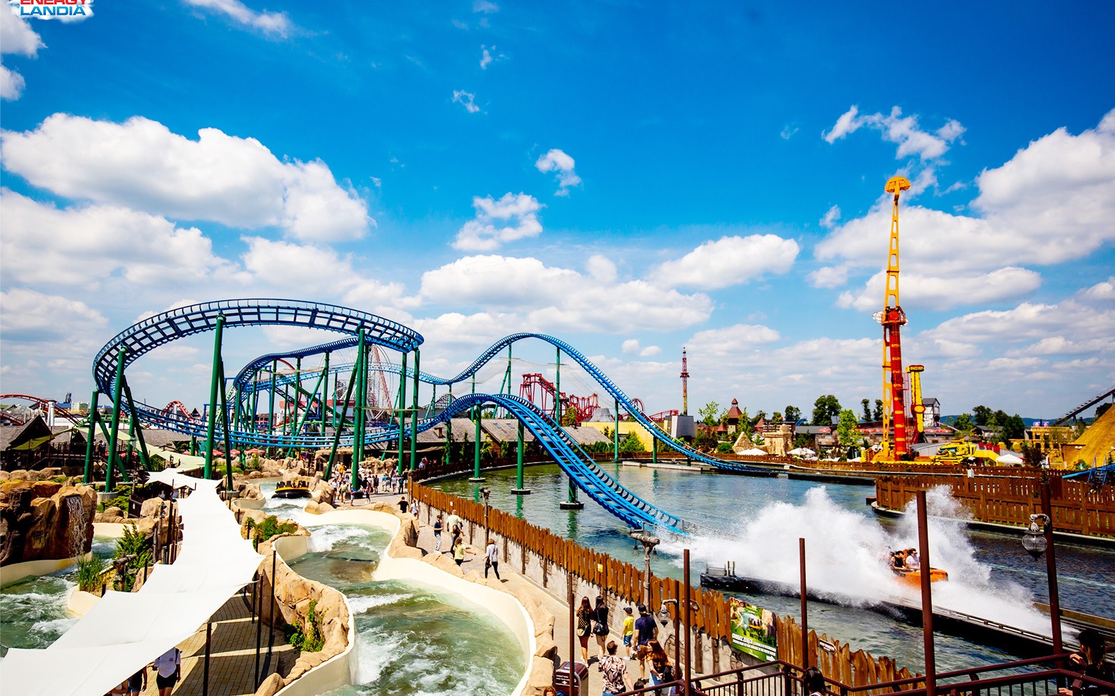 Roller coasters and water rides at Energylandia amusement park, Poland.