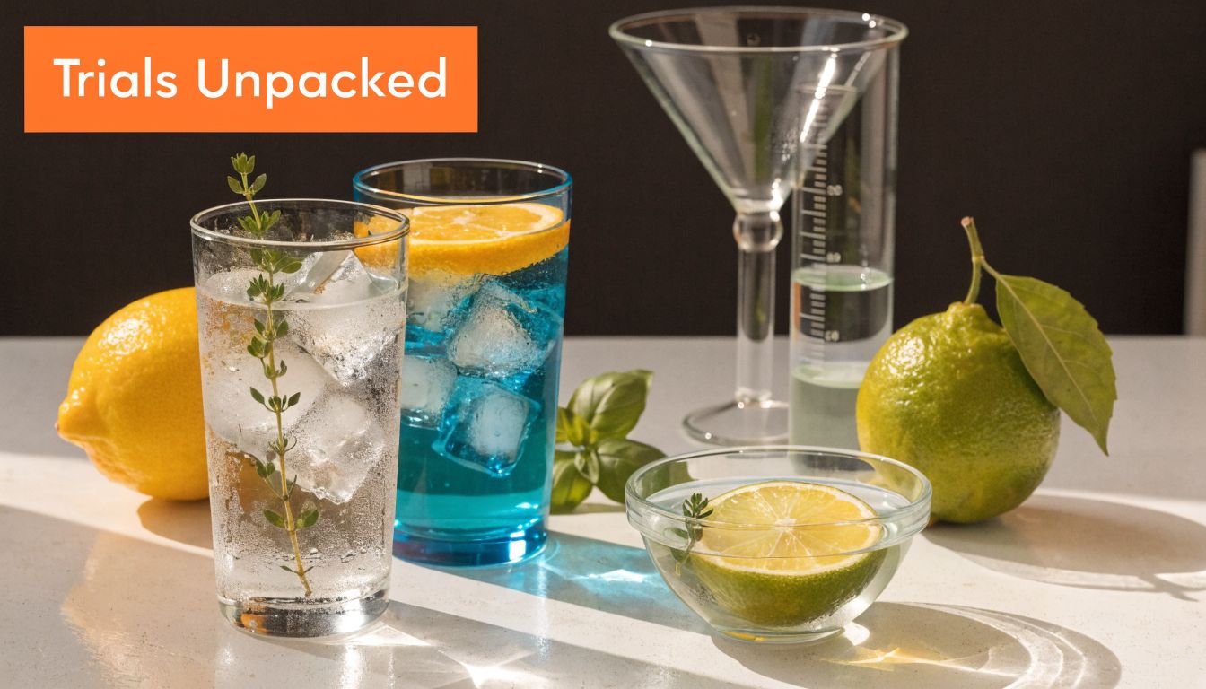 Glasses with refreshing cocktails, fresh citrus fruits, and lab equipment displayed on a bright table surface.