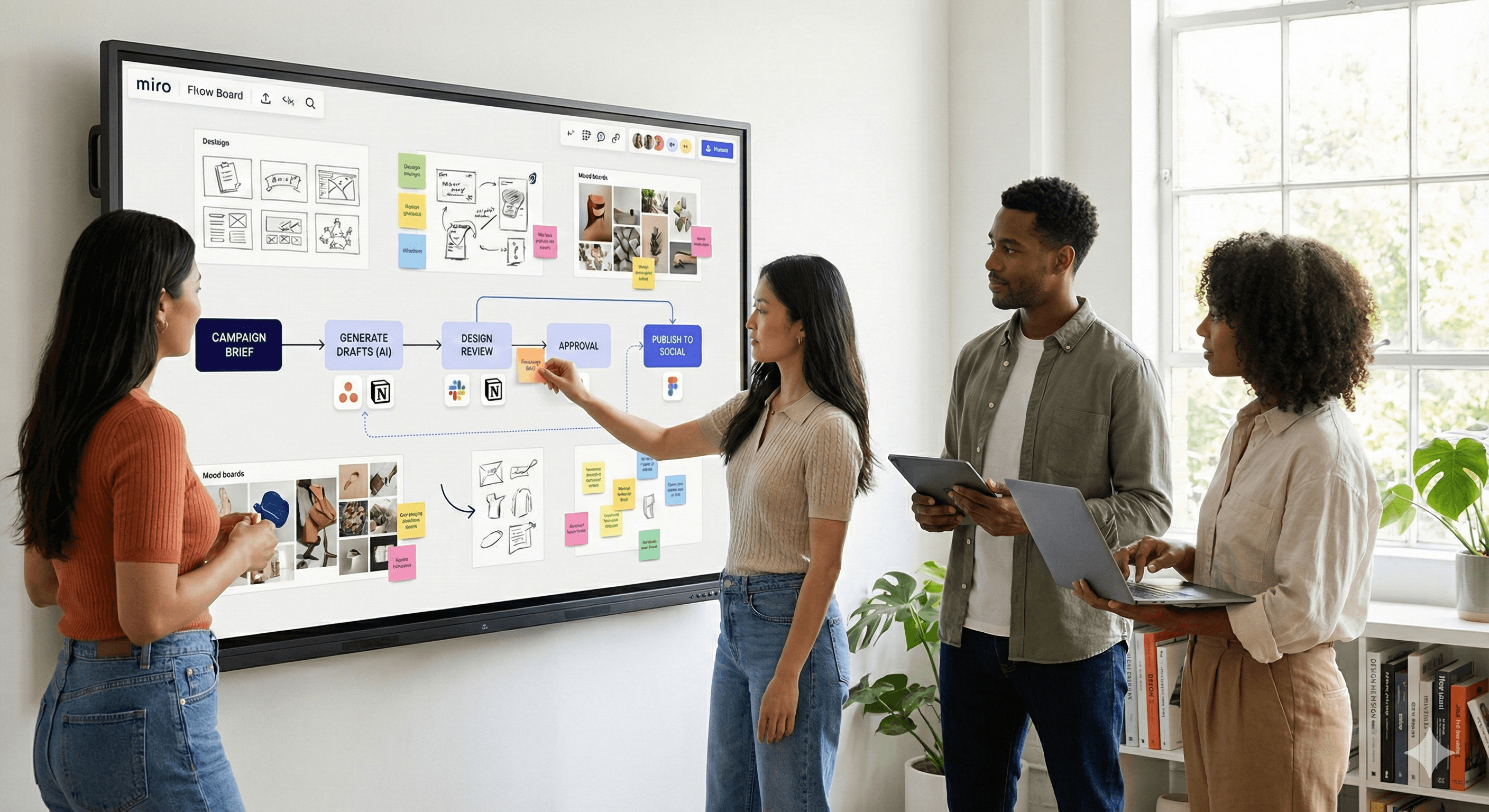 A group of four people are collaborating in an office, standing in front of a large digital whiteboard displaying "Miro Flows," engaging in active discussion and using laptops and tablets.
