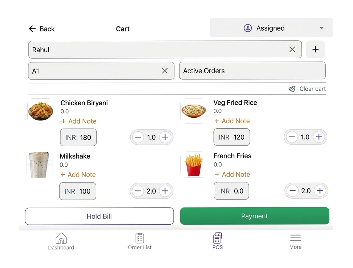 ERP billing interface for restaurant order processing