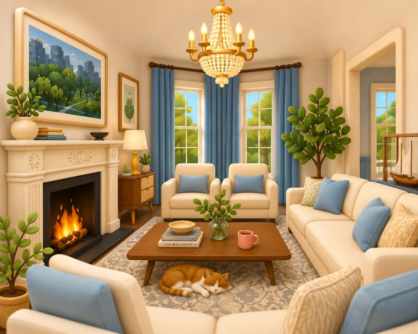 3D cozy living room with a glowing fireplace and a cat sleeping under the table.