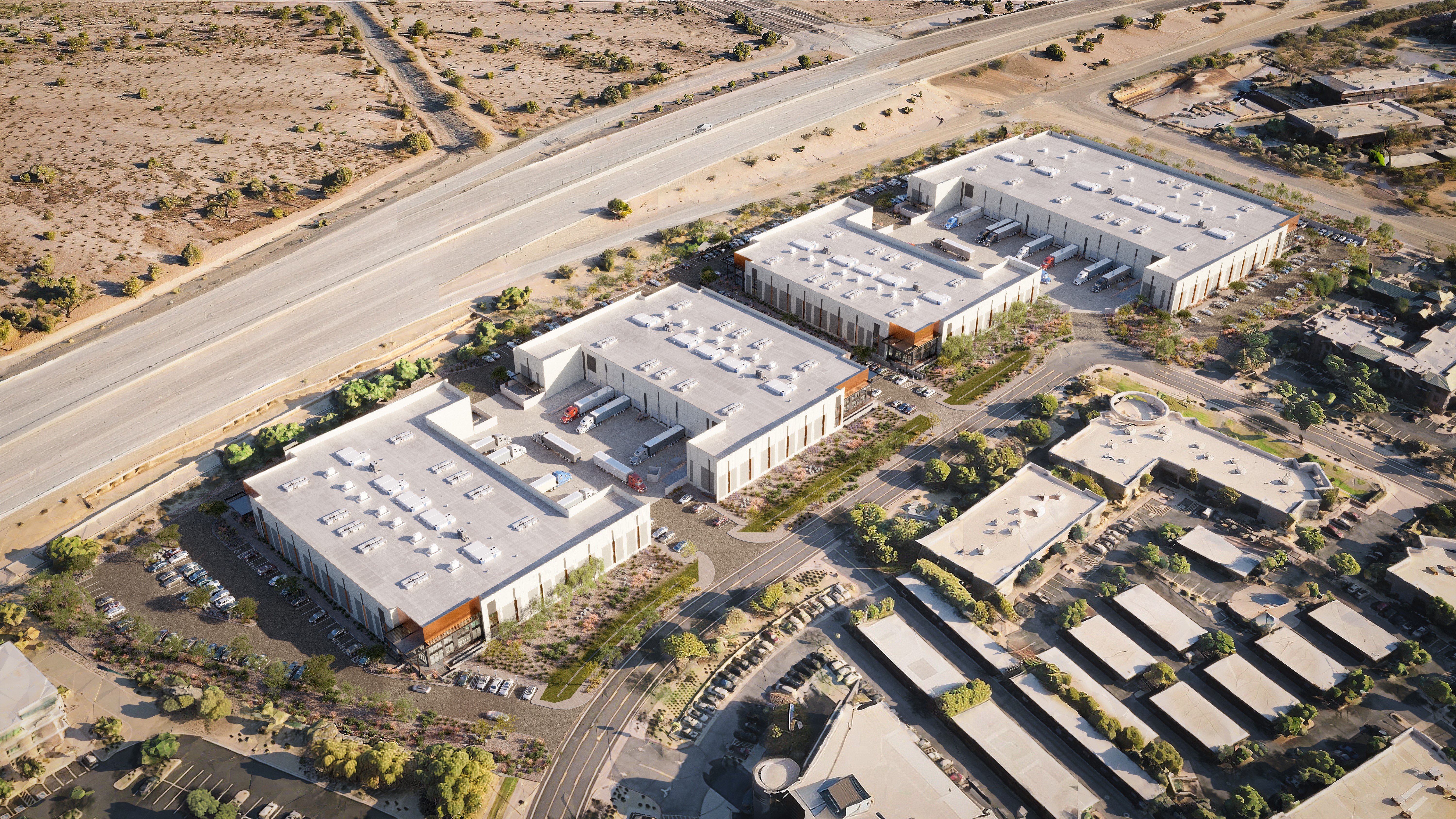 Aerial view of The Loop Business Park buildings and surrounding streets in Scottsdale