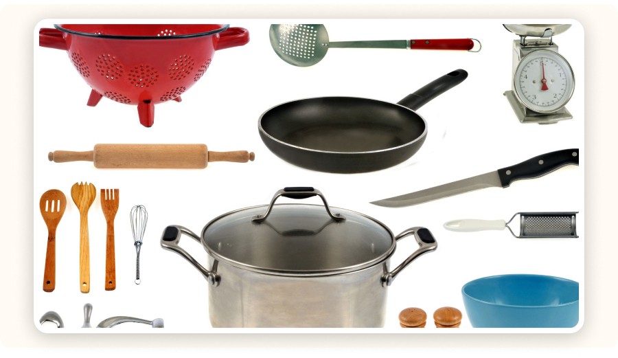 Collage of kitchen equipment