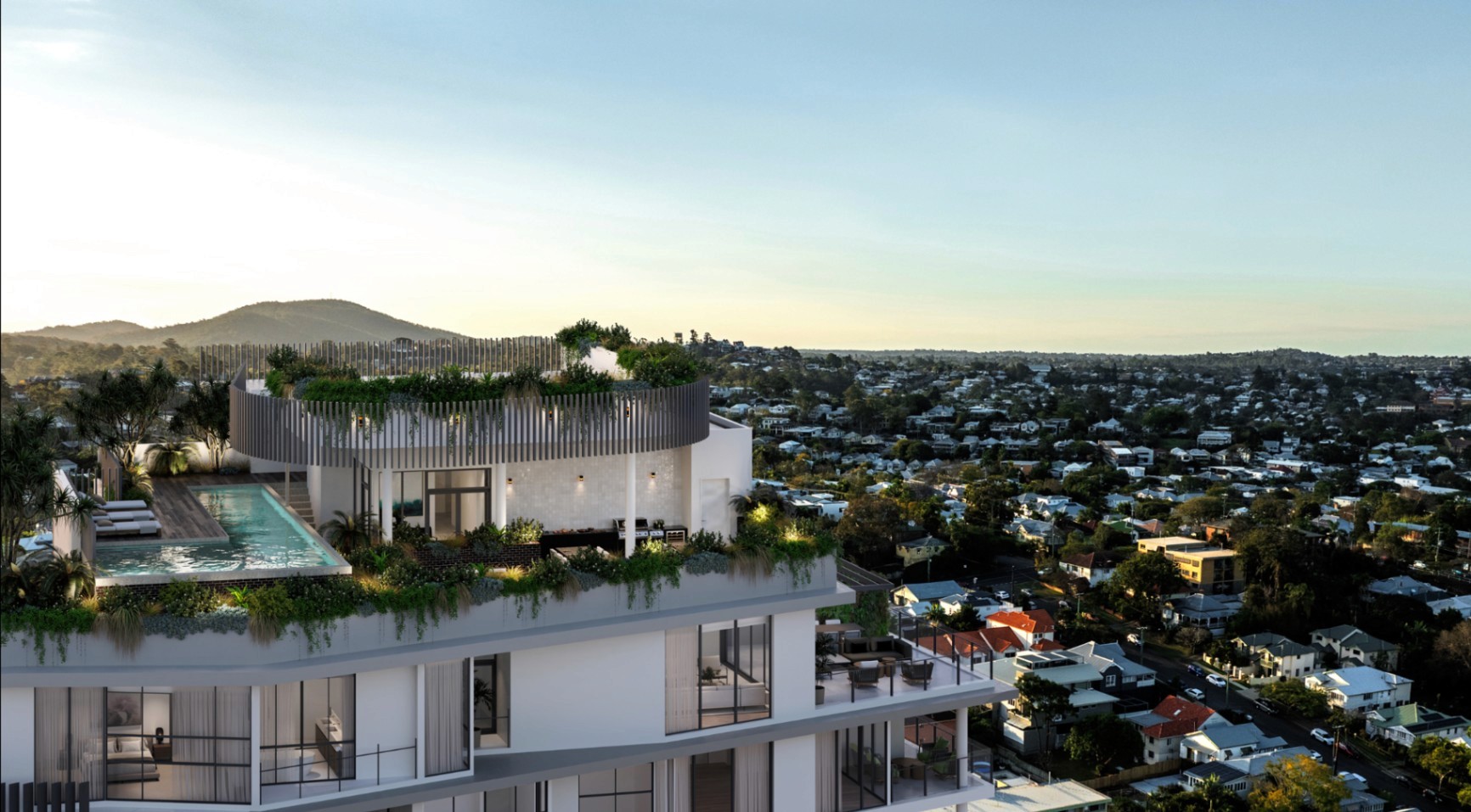Rooftop pool and landscaped terrace at The Adler Auchenflower, showcasing luxury off-the-plan apartments you can buy with $10k using Coposit.