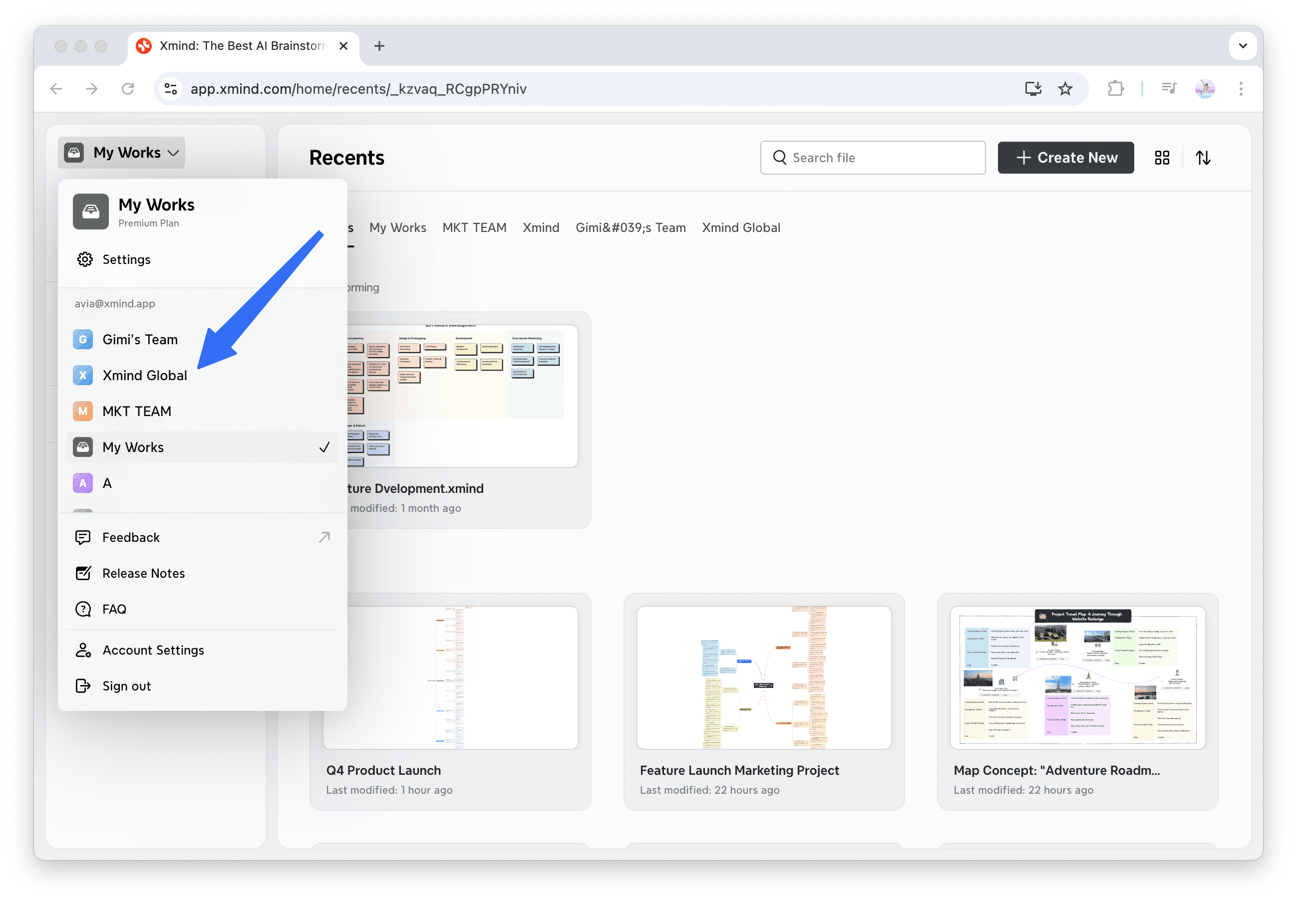 Workspace management interface with project listings