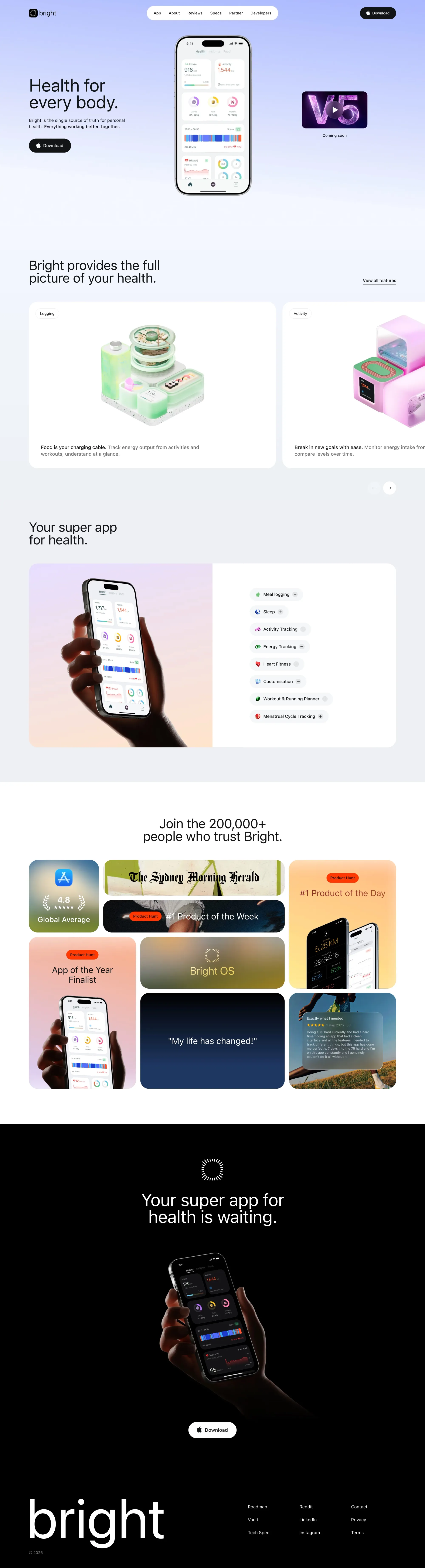 Bright OS landing page screenshot showcasing Health & Fitness and Medical design