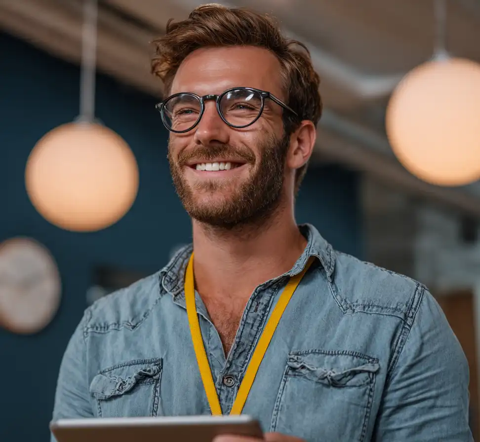 A young person with curly hair smiles at the camera while sitting in front of a laptop against a dark background.