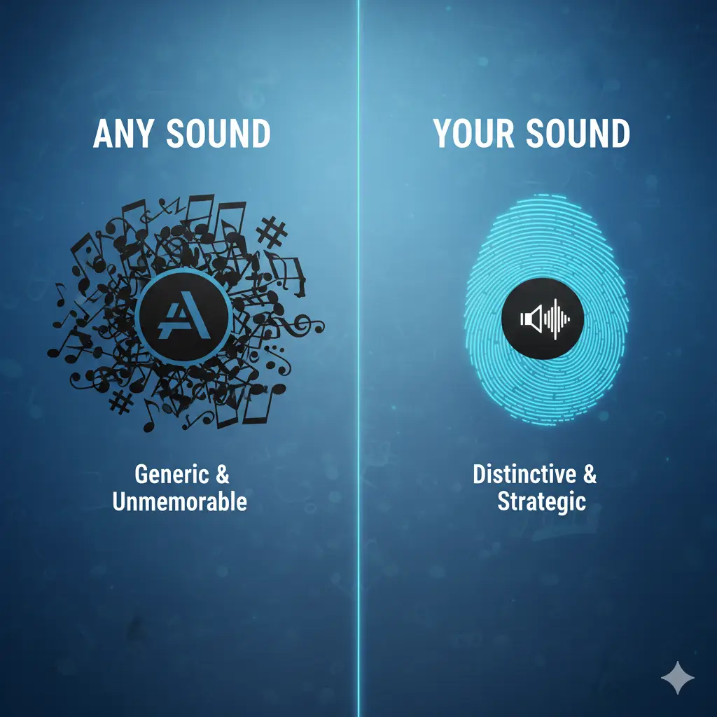 A split-panel graphic. The left panel shows a generic musical note with a question mark, labeled "Just a Sound?" The right panel shows a unique soundwave that forms a distinctive shape like a fingerprint, labeled "Your Sound?"