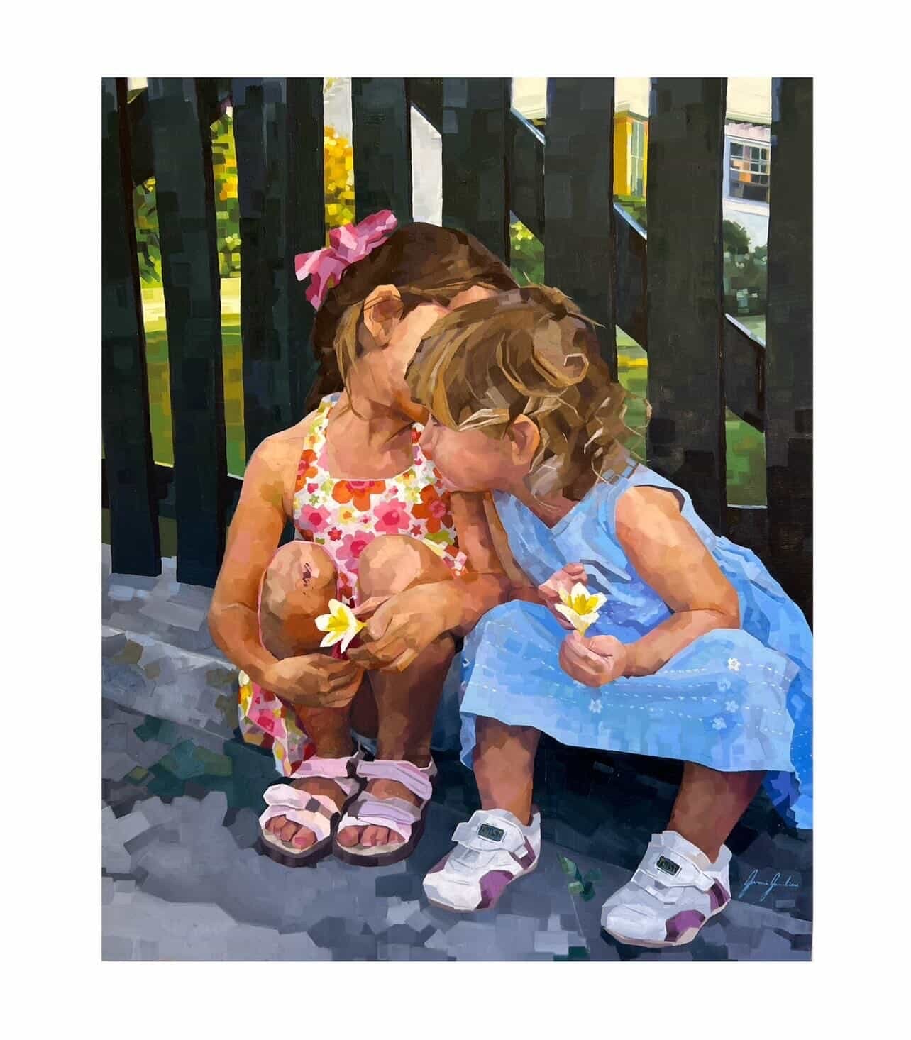 An impressionistic painting of two young girls sitting close together on a gray stone step in front of a dark wooden slatted fence, as seen in the file 5249B239-0F31-4666-AB3F-CA892A4D8B3B.JPG. The girl on the left has a pink bow in her hair, a floral dress, and pink sandals. The girl on the right wears a light blue dress and white sneakers. Both are leaning toward each other, each holding a small white and yellow plumeria flower in their hands. The brushstrokes are visible, blocky, and textured, creating a warm, sunlit atmosphere.