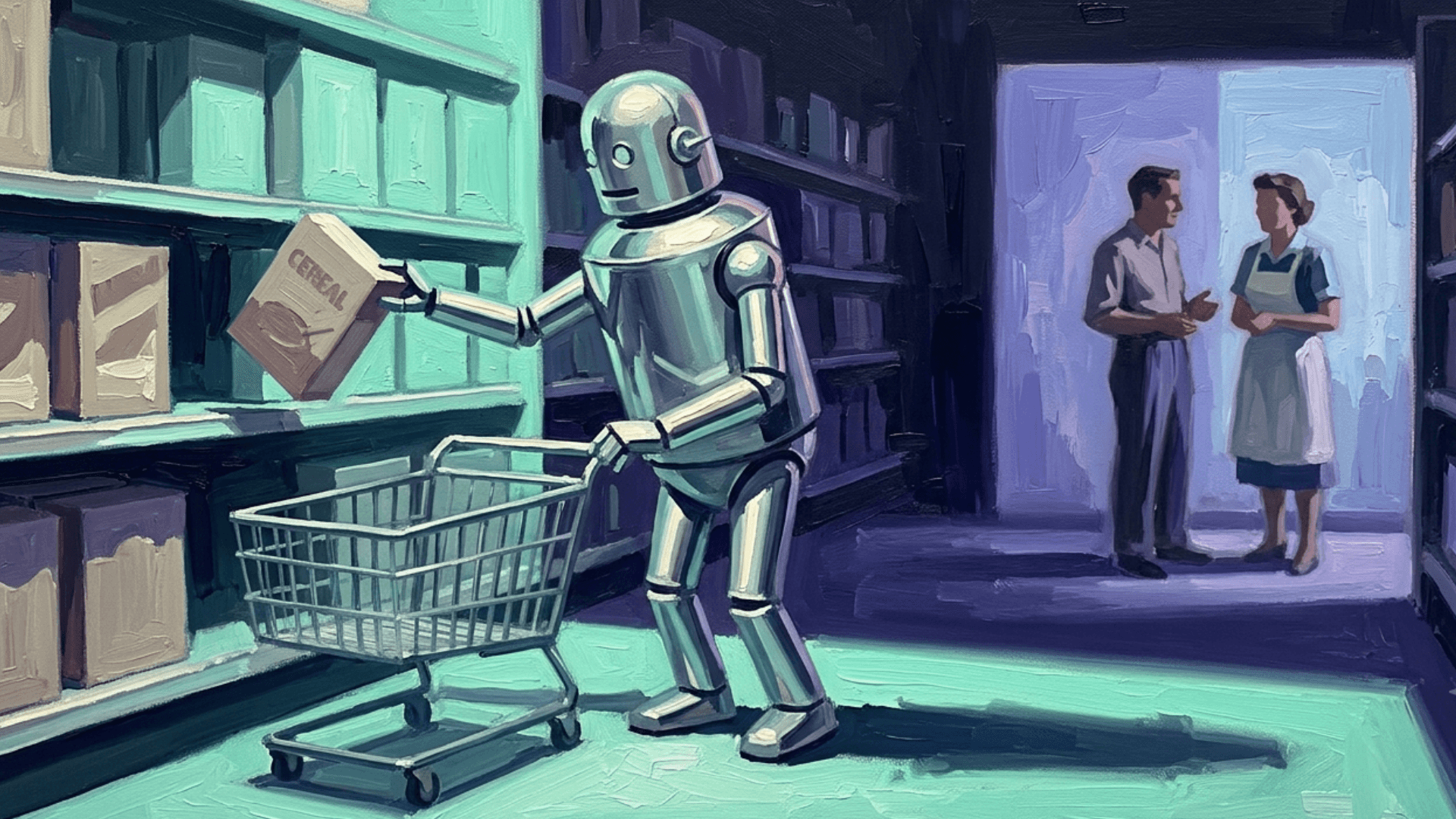 A mid-century oil-painting style illustration of a chrome robot pulling a cereal box off a store shelf into a shopping cart, painted in cool teal and indigo tones. In the background, a man and a woman in an apron stand together in warm light, mid-conversation, contrasting the robot's mechanical task with a genuine human interaction.