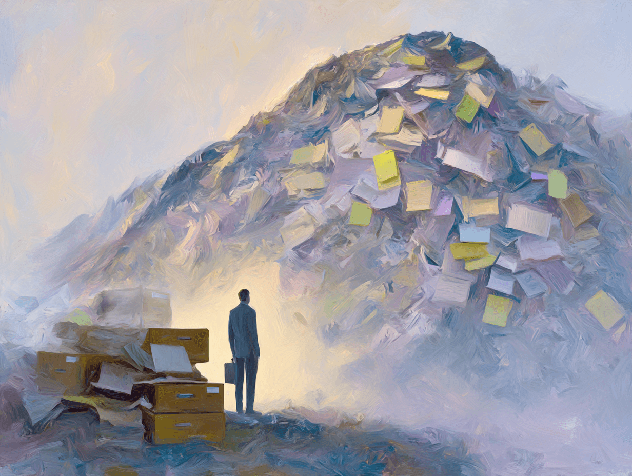 An impressionist digital painting depicts a lone figure in a suit standing before a massive mountain of papers and sticky notes. Filing cabinets and scattered documents surround the person, symbolizing overwhelm, bureaucracy, and the struggle against an avalanche of administrative chaos.