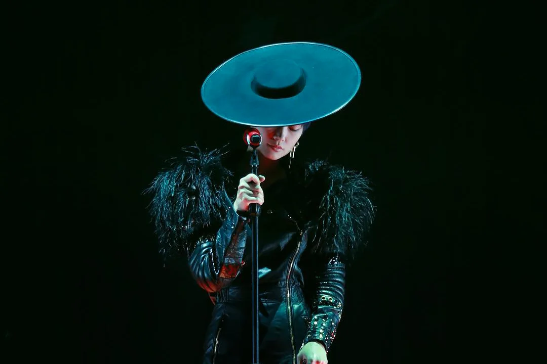 Concert reference image showing a performer in a dark outfit with a wide-brimmed hat, informing the fashion-led visual direction of the Liu Xing artwork series.