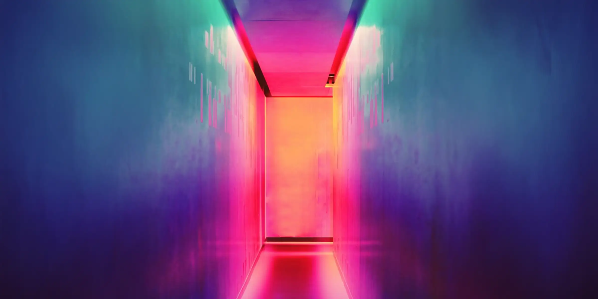 bstract corridor lit with shifting neon colours, representing a brand evolving while maintaining direction and structure.