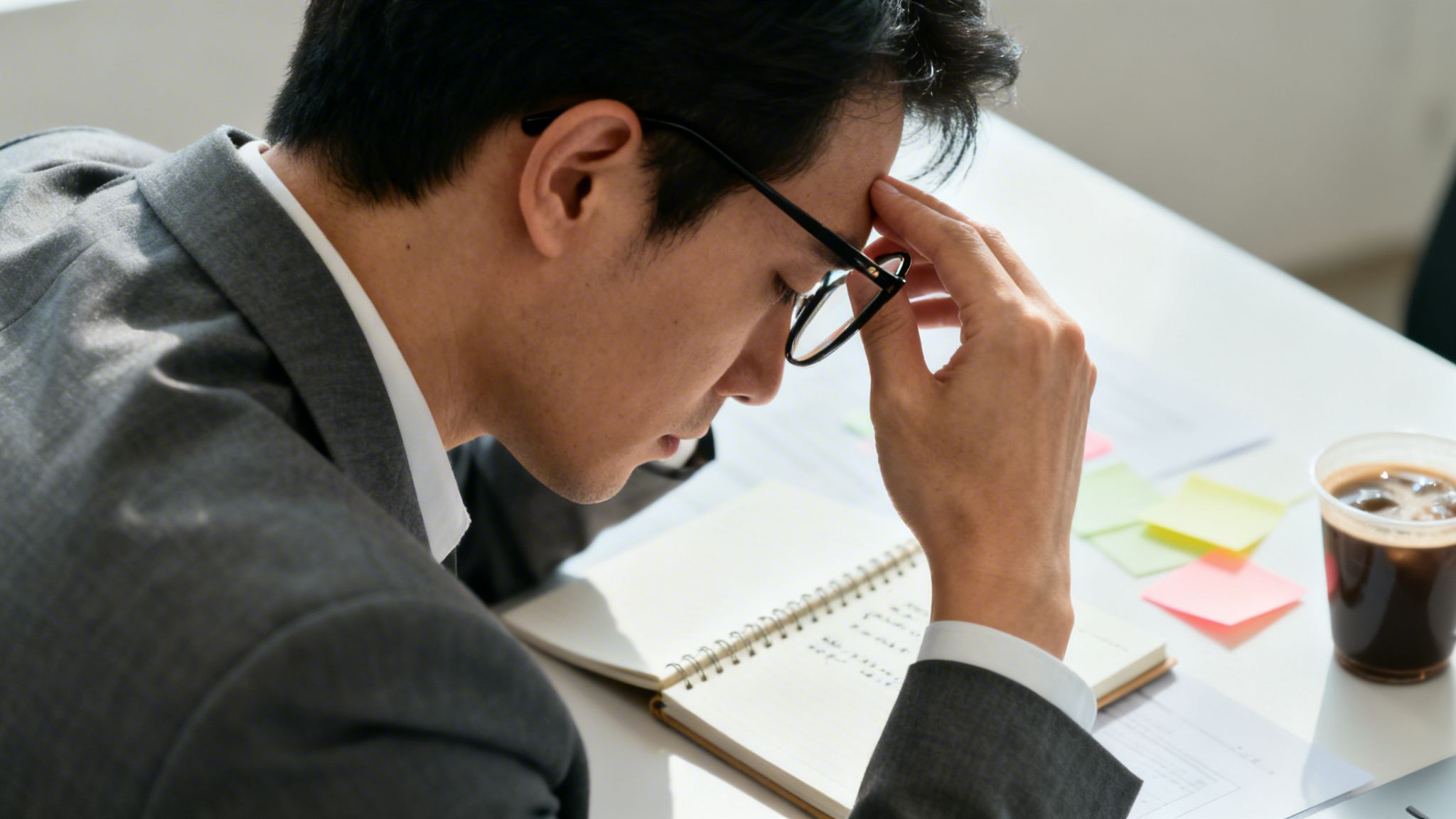 Overhead shot of a man in glasses looking fatigued, hand on forehead, at a work desk with coffee.
