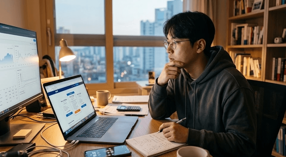 한 남성이 모니터와 노트북 화면에 켜진 요금제 비교 창을 보며 턱을 괴고 진지하게 고민하는 모습입니다. 인터넷 티비 재약정과 신규 가입 혜택을 꼼꼼히 따져보는 상황을 상징합니다.