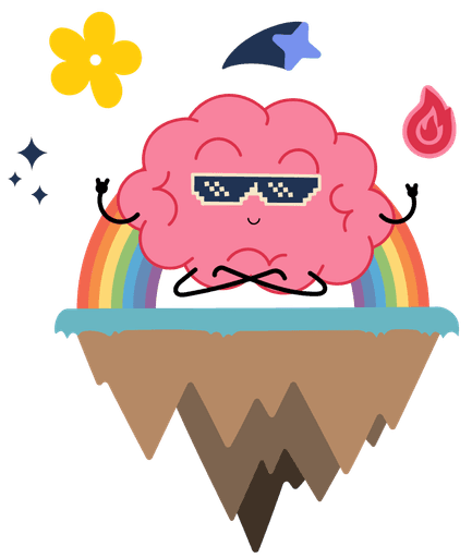 Illustration of a brain wearing sunglasses in a Buddha pose, floating on a small island with a rainbow and fun stickers like hearts and stars around it.