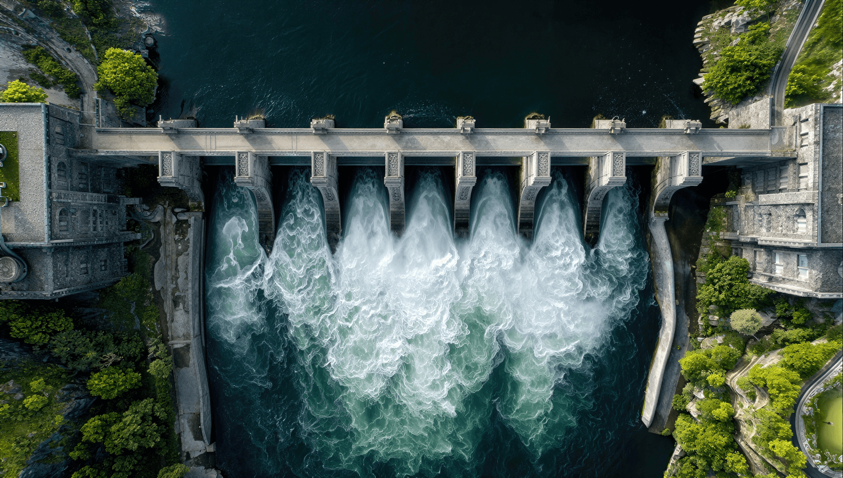 Aerial view of a dam with water flowing through spillways