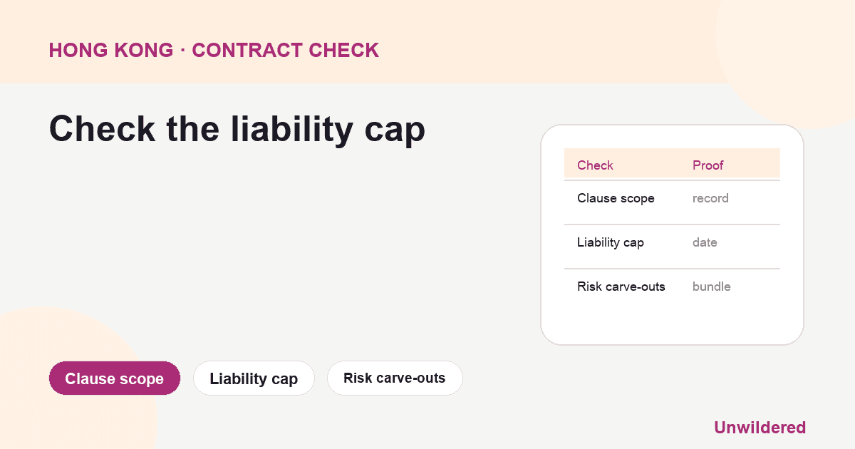 Process diagram for Hong Kong Limitation Liability Clause: Clause scope, Liability cap, Risk carve-outs.