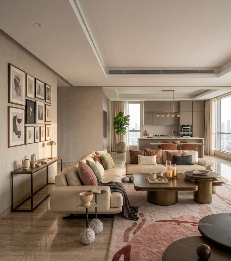 Vintage-modern living room with tufted sofas, false ceiling, and layered warm lighting.