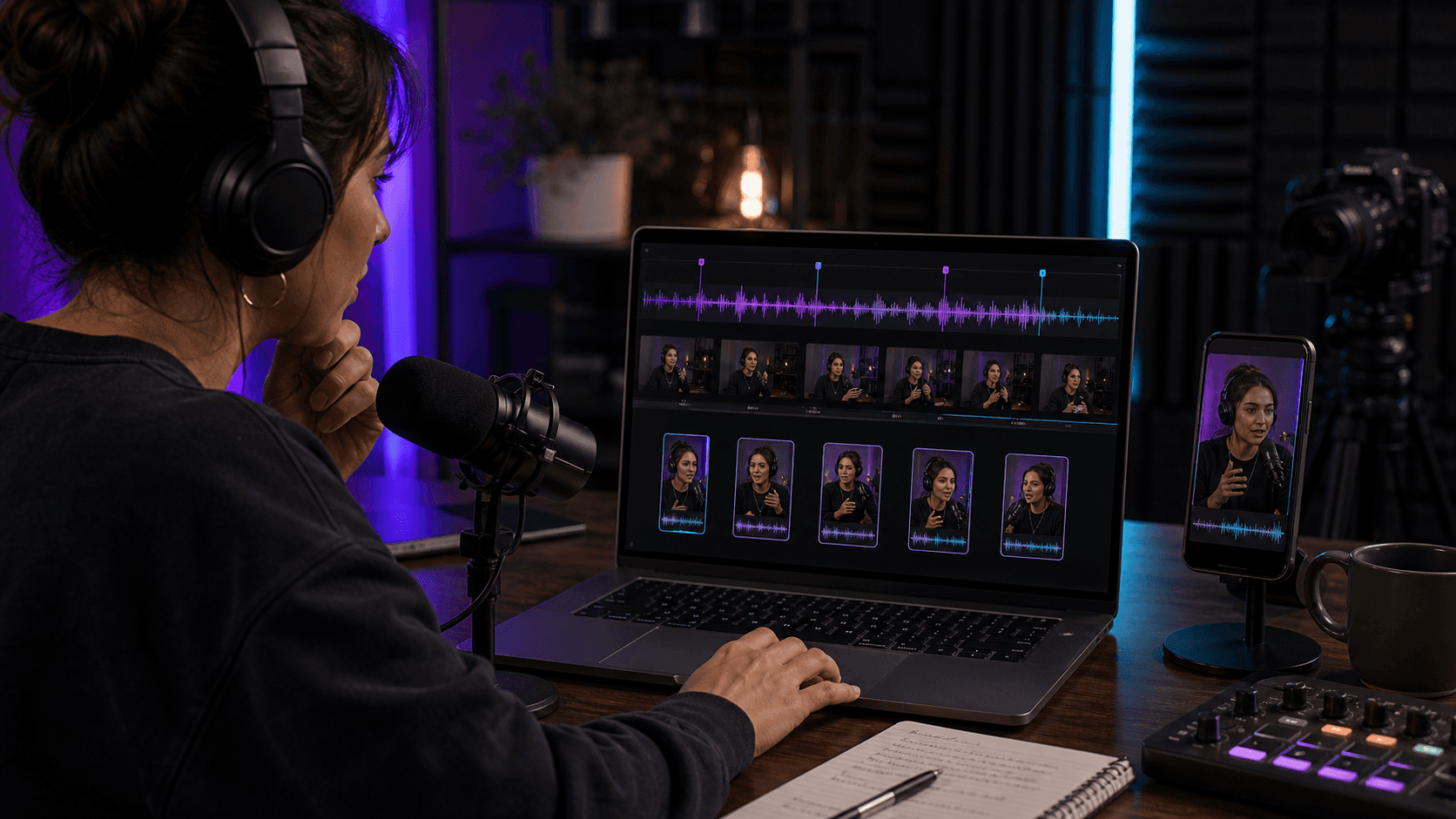 Woman editing video podcast on laptop - Best Audiogram Maker