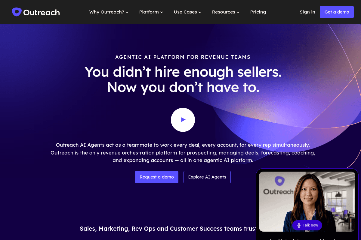 Outreach homepage, agentic AI platform for revenue teams