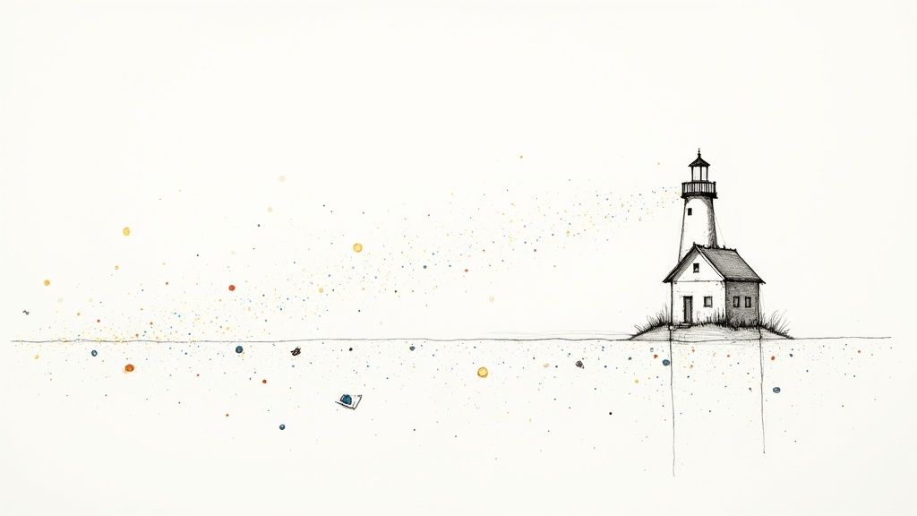 Minimalist watercolor illustration of white lighthouse on island with reflection in calm water