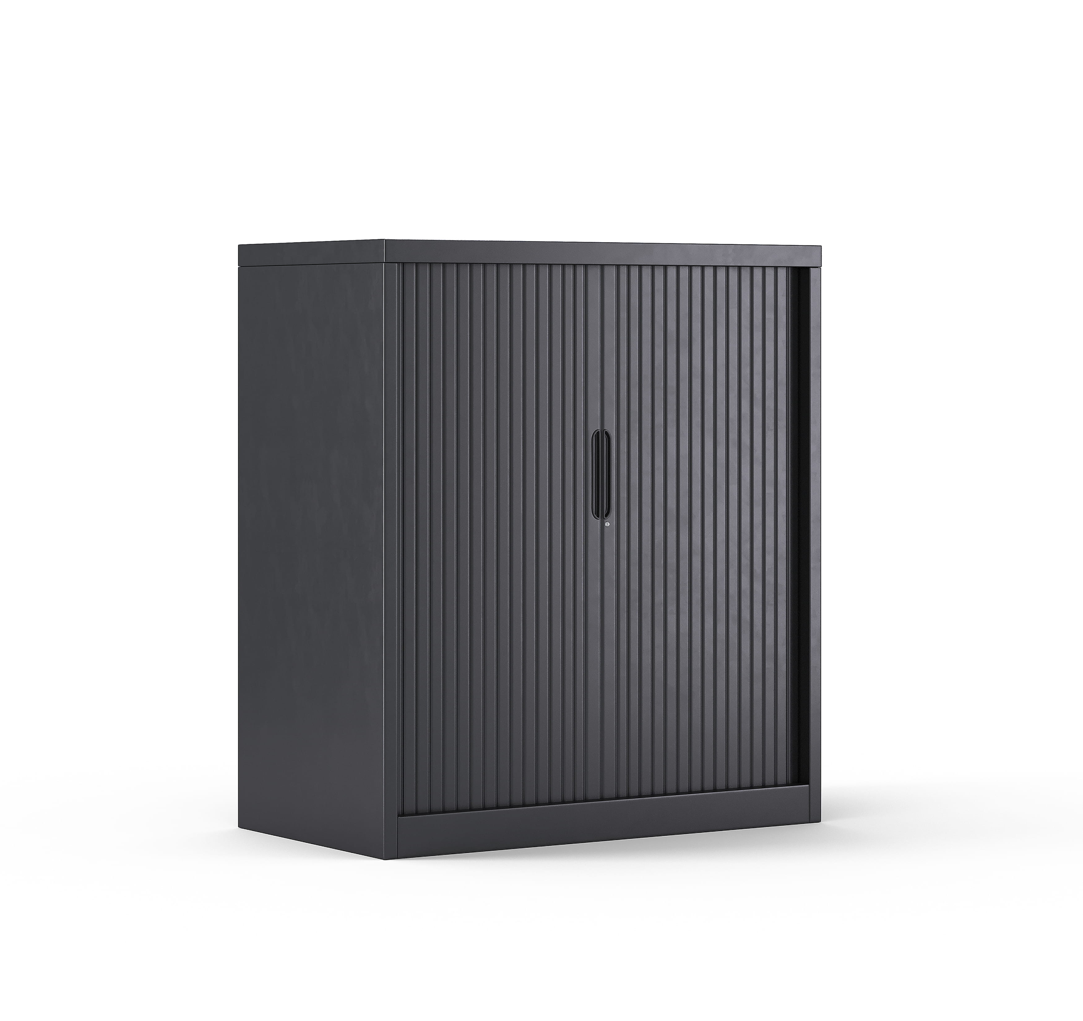 Tambour door storage cabinet in dark finish with sliding doors and compact design